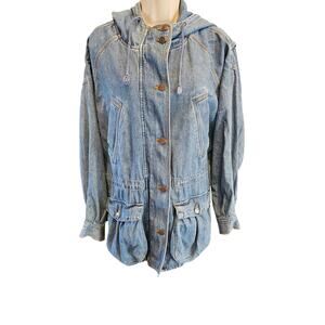 Vintage ruffle hewn sz M / L (?) Denim pocket hooded button front jacket shaket